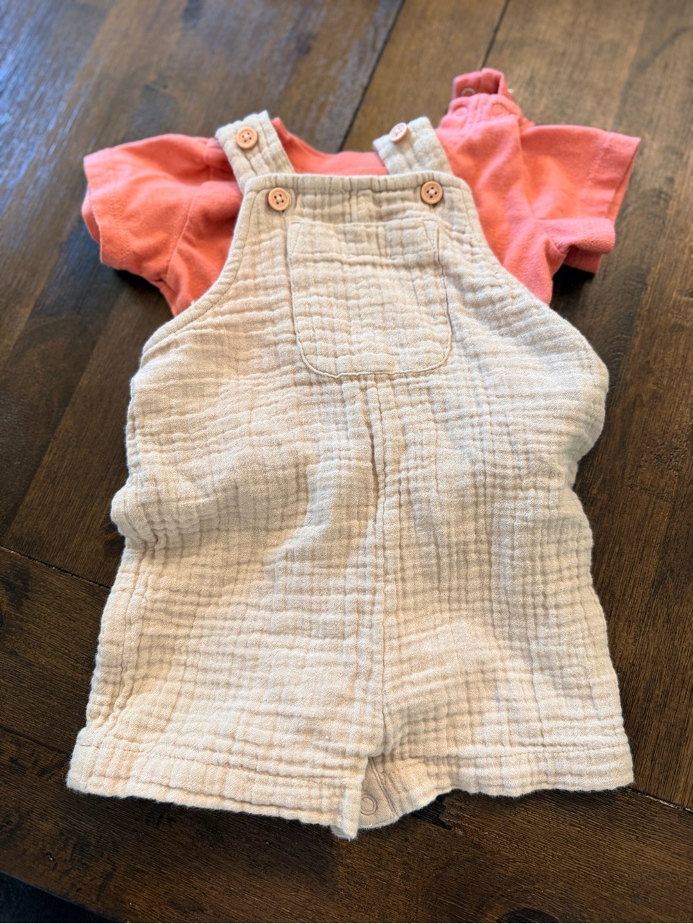 Wondershop Cream Gauze Overalls with Coral Short Sleeve Tee